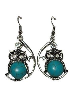 Silver Turquoise Stone Owl Dangle Drop Fashion Earrings